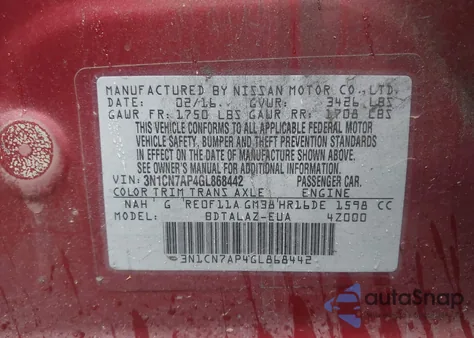 2016 Nissan Versa 1.6 S+ z USA, uszkodzony, nr VIN 3N1CN7AP4GL868442